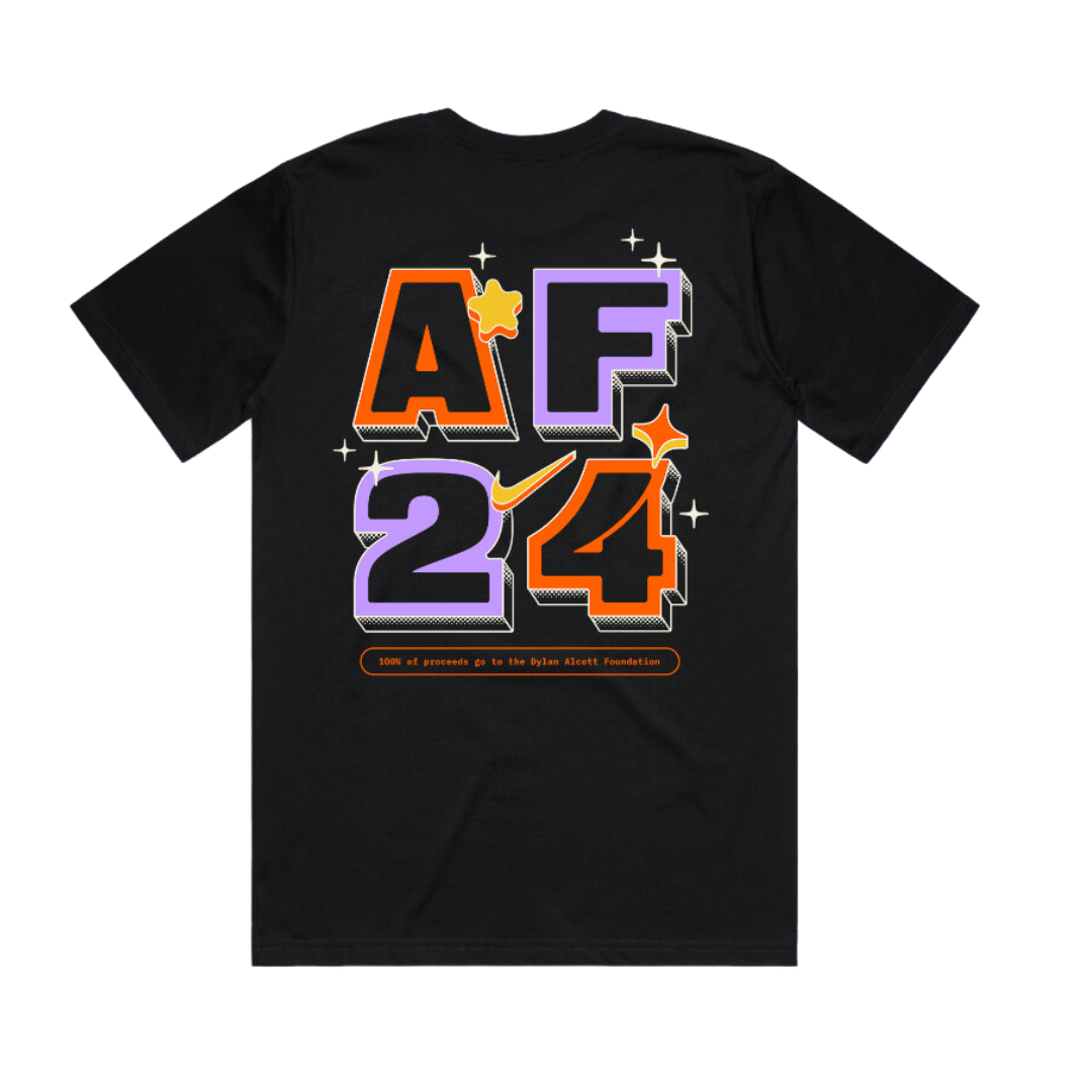 Back of a black t-shirt, that shows black text outlined in purple and orange that reads AF 24. Small orange text underneath reads, 100% of proceeds go to the Dylan Alcott Foundation.