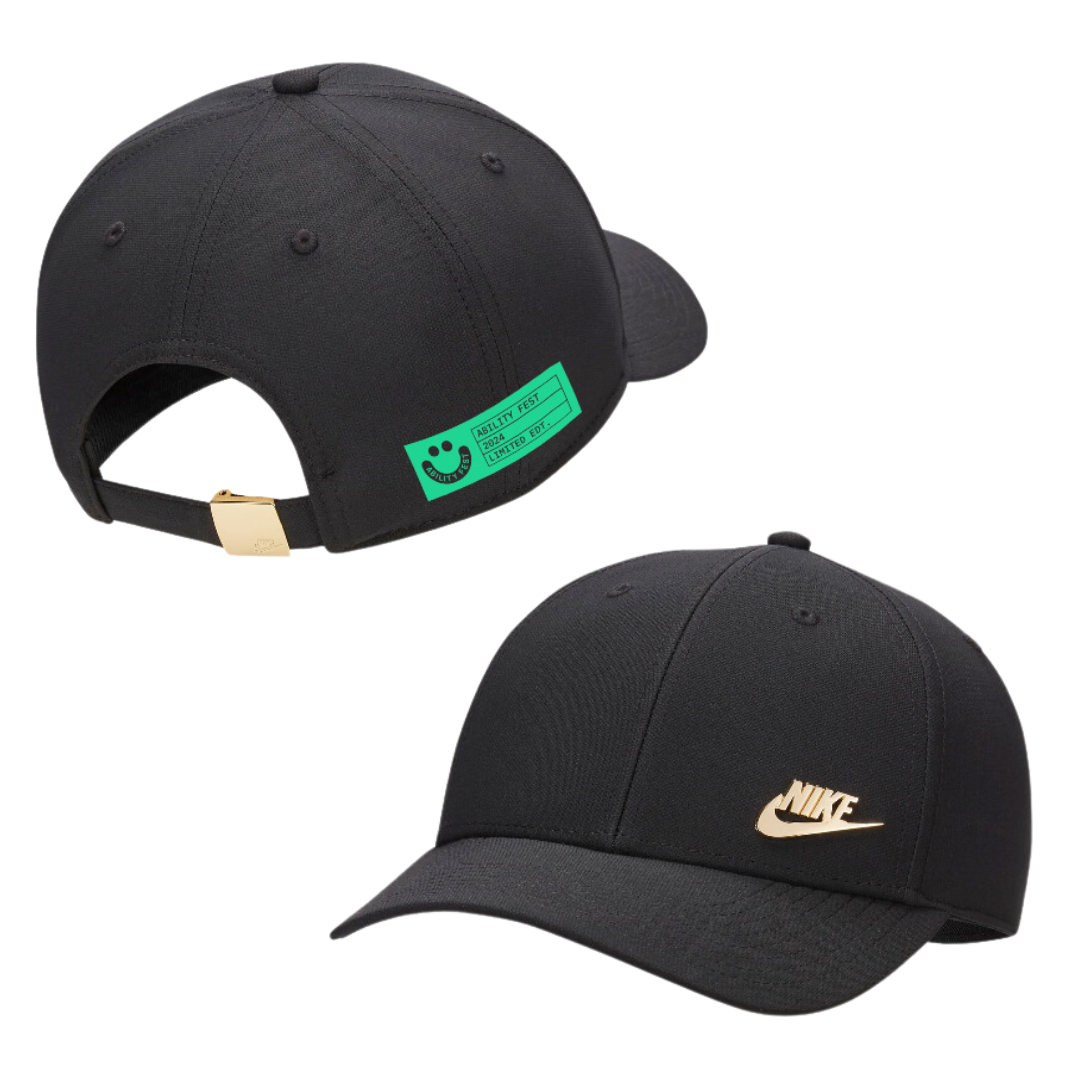 Image of to back caps, one cap (top left) faces away and has a light green rectangle with black text Ability Fest 2024 Limited Edt. The second hat (bottom right) shows the front of the cap which has a silver Nike logo and swoosh left centred above the brim