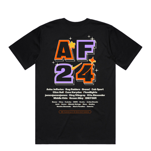 Back of a black t-shirt that shows black text outlined in purple and orange that reads AF 24, white text underneath lists artist names that played at the event.