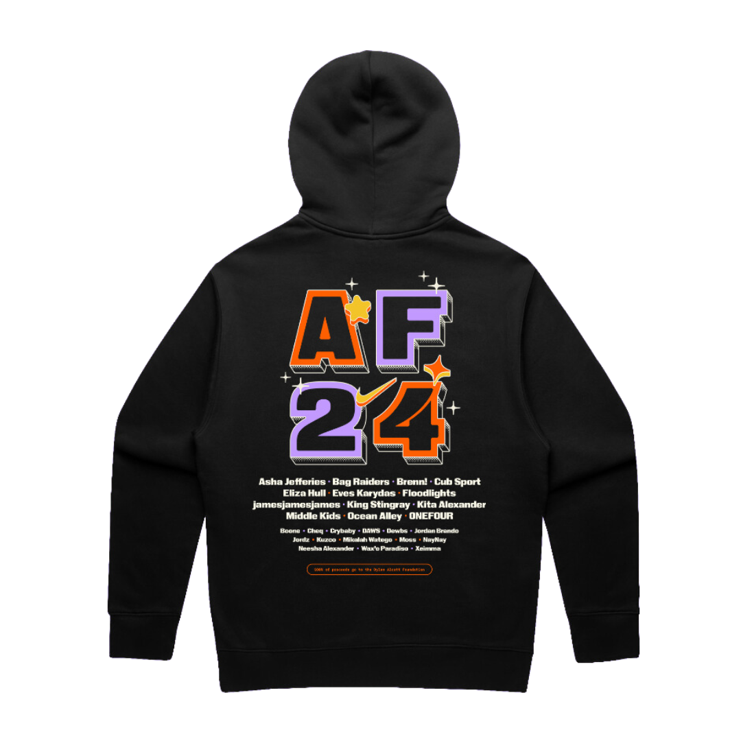 Back of a black hoodie, that shows black text outlined in purple and orange that reads AF 24, white text underneath lists artist names that played at the event.