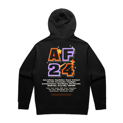 Back of a black hoodie, that shows black text outlined in purple and orange that reads AF 24, white text underneath lists artist names that played at the event.