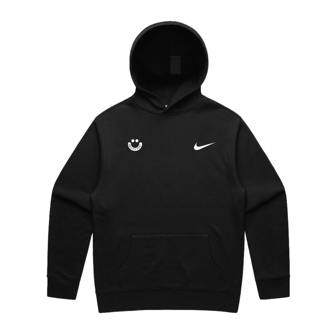 Front of a black nike hoodie, left hand breast area shows white ability fest smiley logo and right hand side shows white nike swoosh.