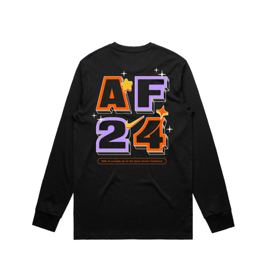 Back of a black long sleeve, that shows black text outlined in purple and orange that reads AF 24. Small orange text underneath reads, 100% of proceeds go to the Dylan Alcott Foundation.