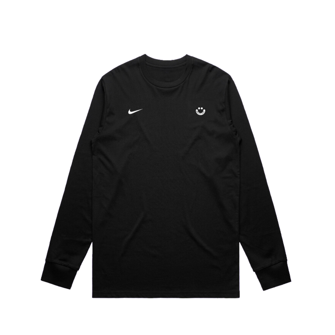 Front of a black nike long sleeve, left hand breast area shows white ability fest smiley logo and right hand side shows white nike swoosh.